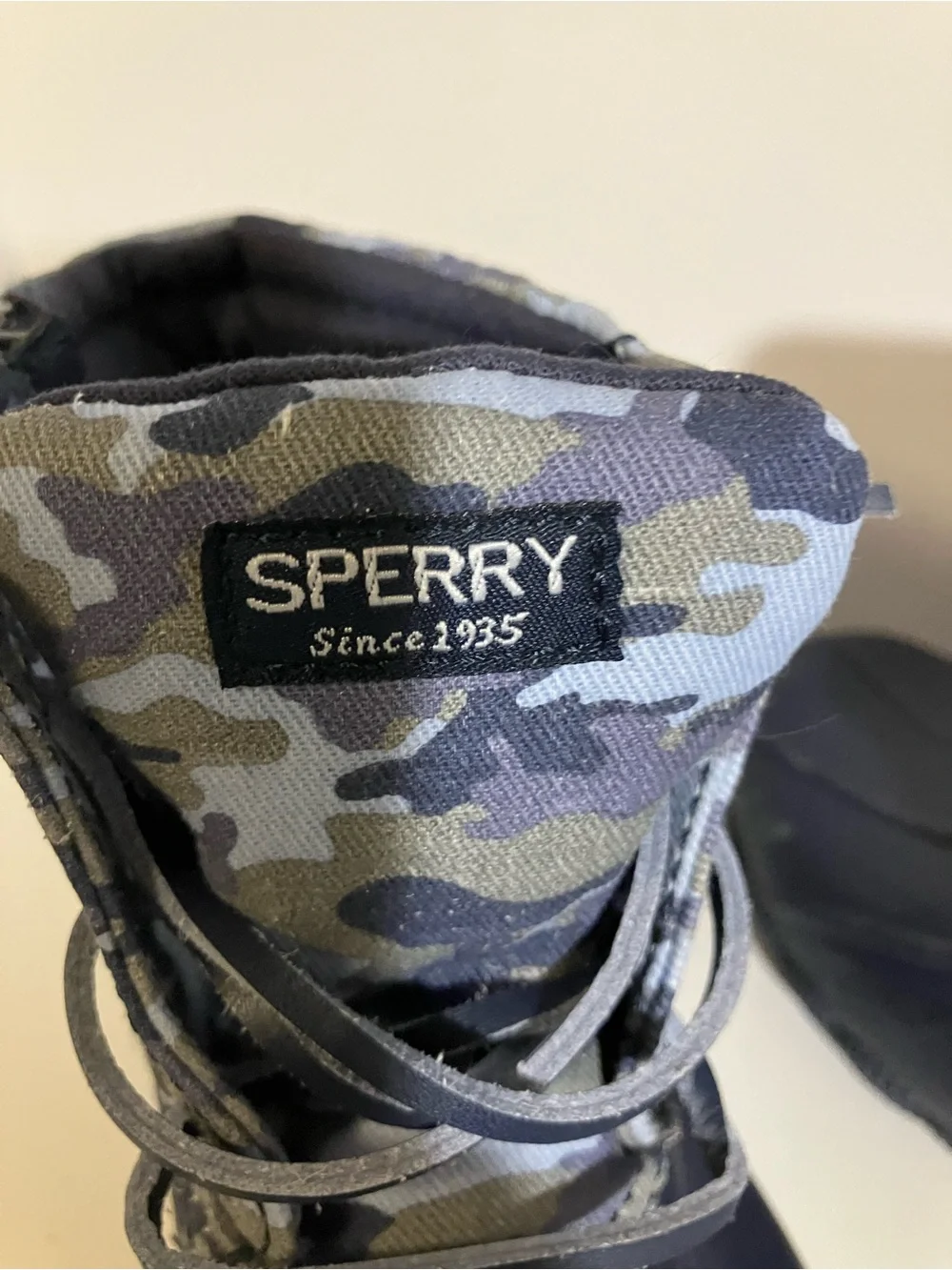 Sperry Navy Duck Boots with Blue Camo Collar